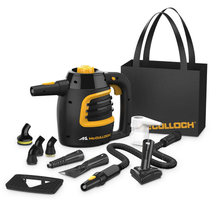Product image showing McCulloch MC1230 handheld steam cleaner next to carry bag and various accessories. The product is seen from a side few angled left, showing the steam trigger and handle, as well as the durable black and yellow body with the McCulloch logo on the side
