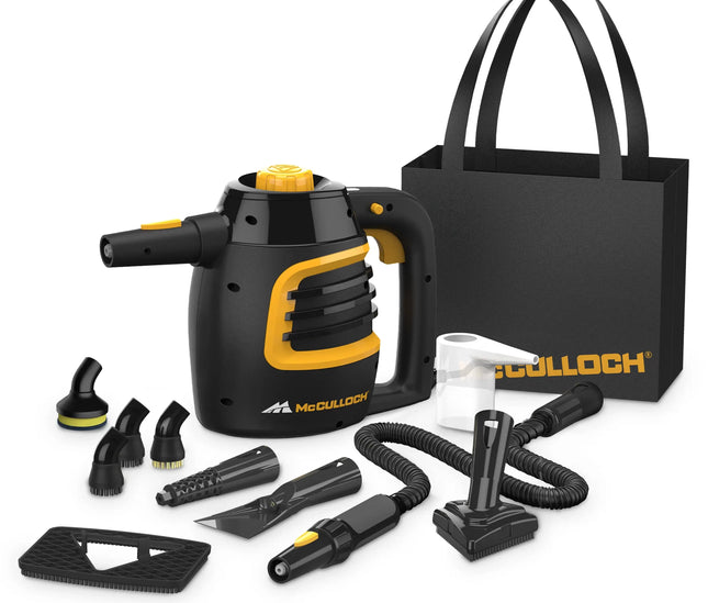 Product image showing McCulloch MC1230 handheld steam cleaner next to carry bag and various accessories. The product is seen from a side few angled left, showing the steam trigger and handle, as well as the durable black and yellow body with the McCulloch logo on the side