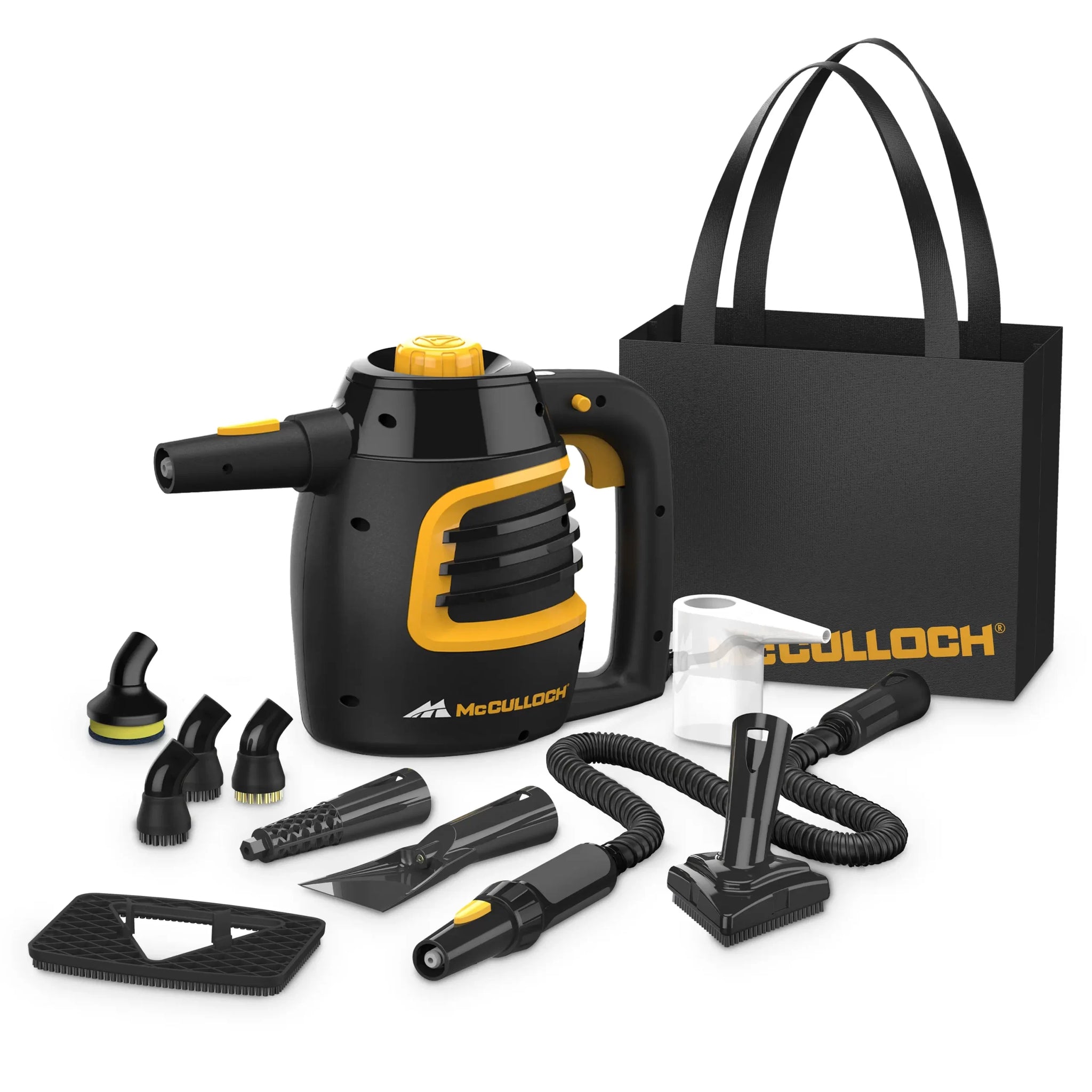 Product image showing McCulloch MC1230 handheld steam cleaner next to carry bag and various accessories. The product is seen from a side few angled left, showing the steam trigger and handle, as well as the durable black and yellow body with the McCulloch logo on the side