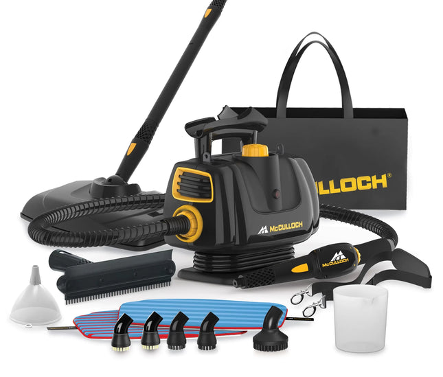 Front angled view of MC1270 portable steam cleaner with mop and attachments surrounding. The product is front facing angled right and shows the hose, tank cap, and durability.