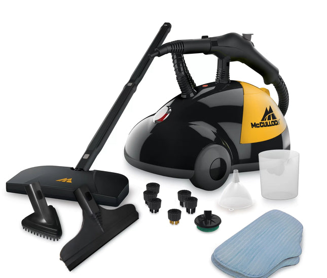 Image showing McCulloch MC1275 from the side view, black and yellow, with McCulloch logo on the side and a curved top frame design. Included product attachments are shown