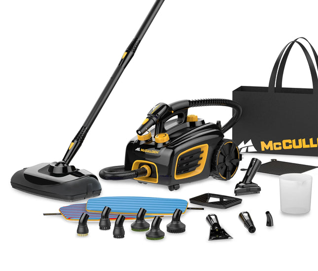 McCulloch MC1375 canister steam cleaner with 20 accessories showing, as well as carry bag