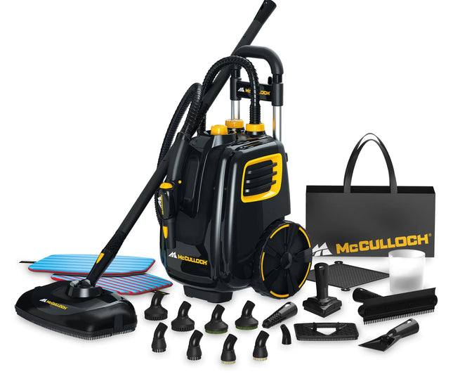 McCulloch MC1385 deluxe canister team cleaner front facing view angled left showing all included accessories. The product is upright and shows large wheels for maneuverability as well as key features such as hose attachment and mop head, as well as pressure gauge and water tank cap