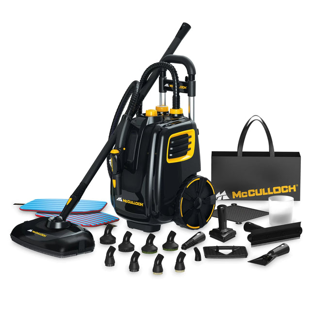 McCulloch MC1385 deluxe canister team cleaner front facing view angled left showing all included accessories. The product is upright and shows large wheels for maneuverability as well as key features such as hose attachment and mop head, as well as pressure gauge and water tank cap