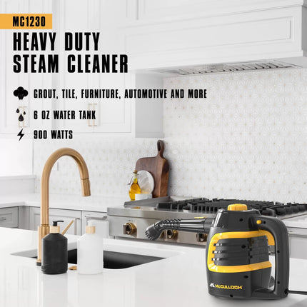 MC1230 heavy duty steam cleaner cleans grout tile and more. 6 ounce water tank and 900 wats of steam power. The image shows MC1230 sitting on a kitchen counter top