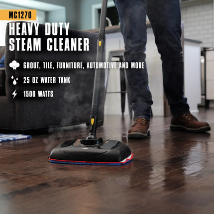 MC1270 heavy duty steam cleaner mop attachment being used to clean wood flooring in a home. Image highlights: use for grout, tile, and more 25 ounce water tank as well as 1500 watts of steam power