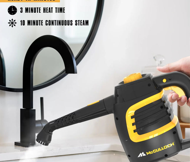 Ready in minutes, the graphic shows MC1230 in use on a home sink. 3 minute heat up time and 10 minutes of continuous steam