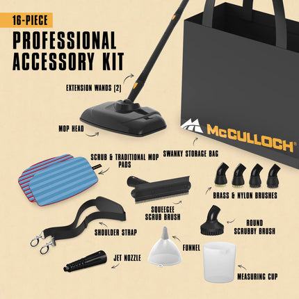 Graphic showing MC1270 professional accessory kit pieces. 16 pieces: extension wands, mop heads, scrub pads, storage bag, brushes, measuring cup, shoulder strap for portability, and more 