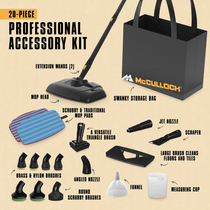 Graphic showing all product accessories: storage bag, mop head and pads, triangle brush, large brush, measuring cup and funnel, scrub brushes, jet nozzle, and more