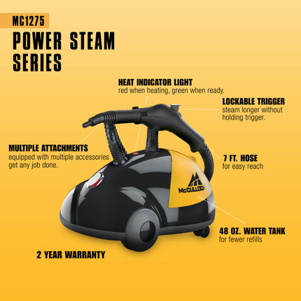 Graphic showing MC1275 canister steam cleaner features. Product is shown from side and highlights: multiple attachments, 2 year warranty, lockable trigger, heat indicator light, 45 ounce water tank, 10 foot hose