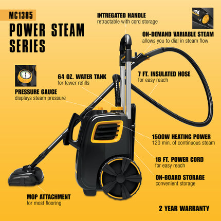 Graphic showing MC1385 from the side and highlighting product features: on-demand steam trigger, variable steam, insulated hose, pressure gauge, 7 foot hose, 1500 watts of steam power, 18 foot power cord, on-board storage, 64 ounce water tank, wheels, integrated long handle, and wheels for easy moving of large unit
