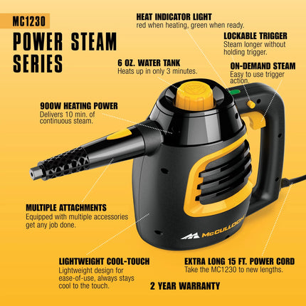 MC1230 power steam series graphic showing key product features and the product itself: 900 watts of steam power, multiple attachments, lightweight cool-touch, 2 year warranty, 15 foot power cord, on-demand steam trigger, 6 ounce water tank, heat indicator light, and lockable trigger