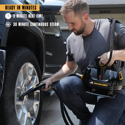 McCulloch MC1270 is ready in minutes with a 3 minute heat up time and 30 minutes of continuous steam. The image shows a man using MC1270 to clean the rims of car tires