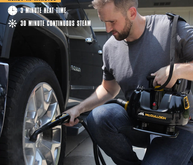 McCulloch MC1270 is ready in minutes with a 3 minute heat up time and 30 minutes of continuous steam. The image shows a man using MC1270 to clean the rims of car tires