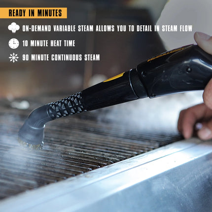 Graphic showing 10 minute heat up time for on-demand steam as well as MC1375 90-minute run time