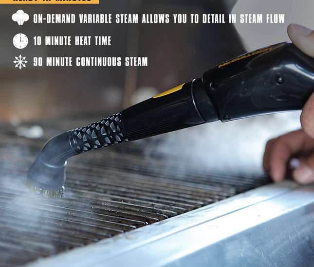 Graphic showing 10 minute heat up time for on-demand steam as well as MC1375 90-minute run time