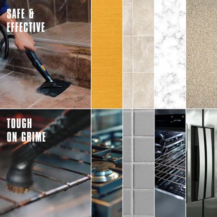 The image shows MC1230 being used to clean inside of oven and grout/tile. The graphic also highlight other surfaces for use such as concrete, wood, laminate flooring, home appliances, and stainless steel