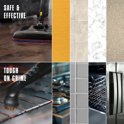 MC1270 attachments being used on appliances and hardwood. The mage also show various surfaces recommended for MC1270, from tile and grout to wood and concrete surfaces as well as appliances.