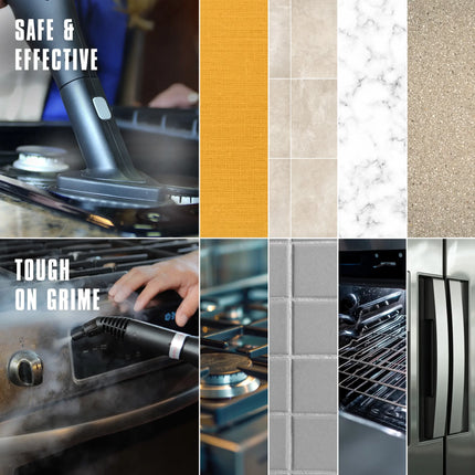 Images showing MC1275 steam cleaner being used on appliances. Highlights use cases for tile, wood, laminate flooring, concrete, grout and more through the use of imagery 