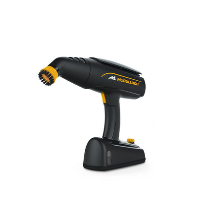 MC1245 product front facing view with brush attachment, black and yellow product handheld with McCulloch logo on side