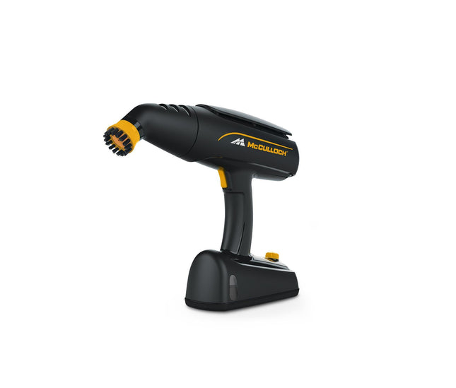 MC1245 product front facing view with brush attachment, black and yellow product handheld with McCulloch logo on side