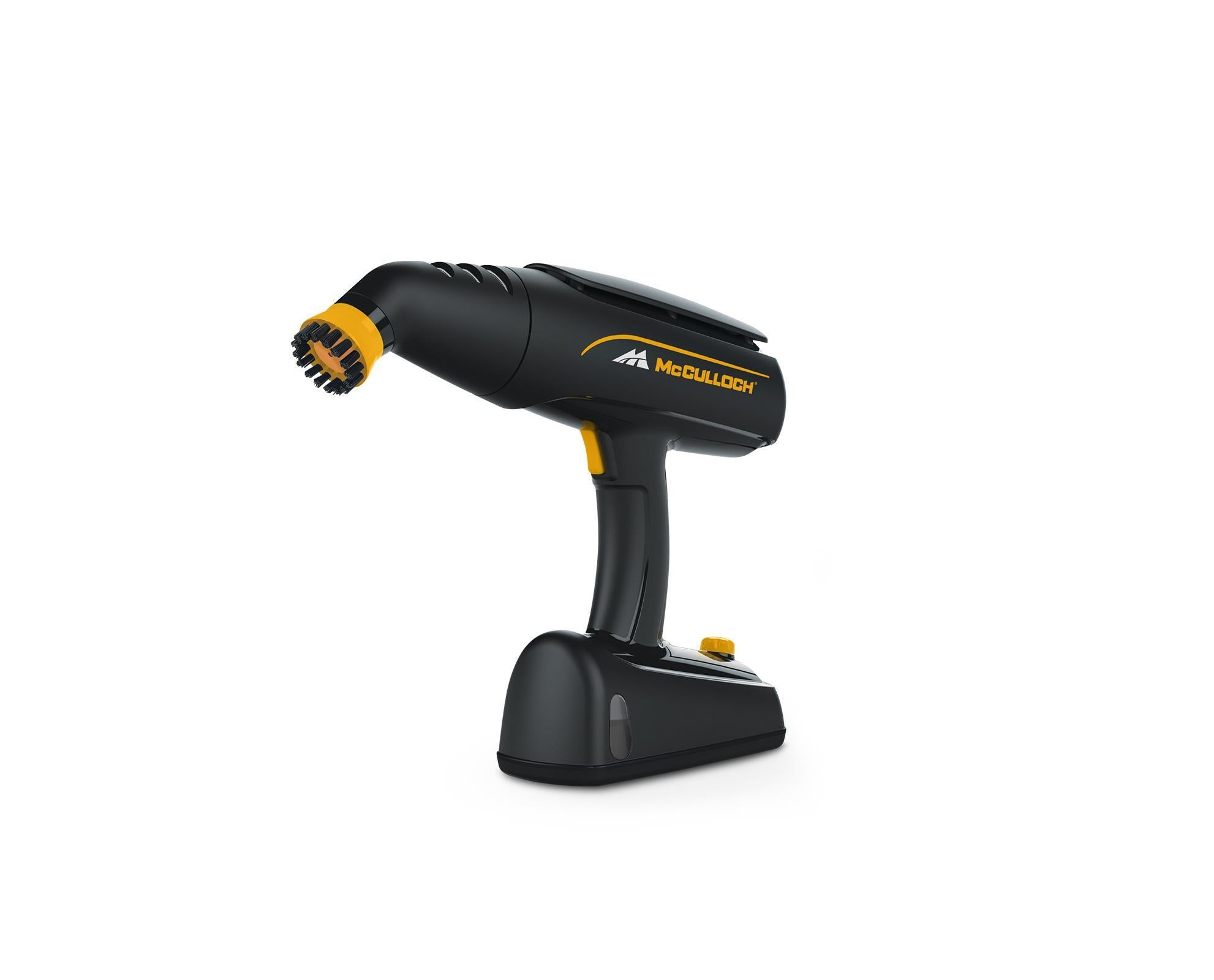 MC1245 product front facing view with brush attachment, black and yellow product handheld with McCulloch logo on side