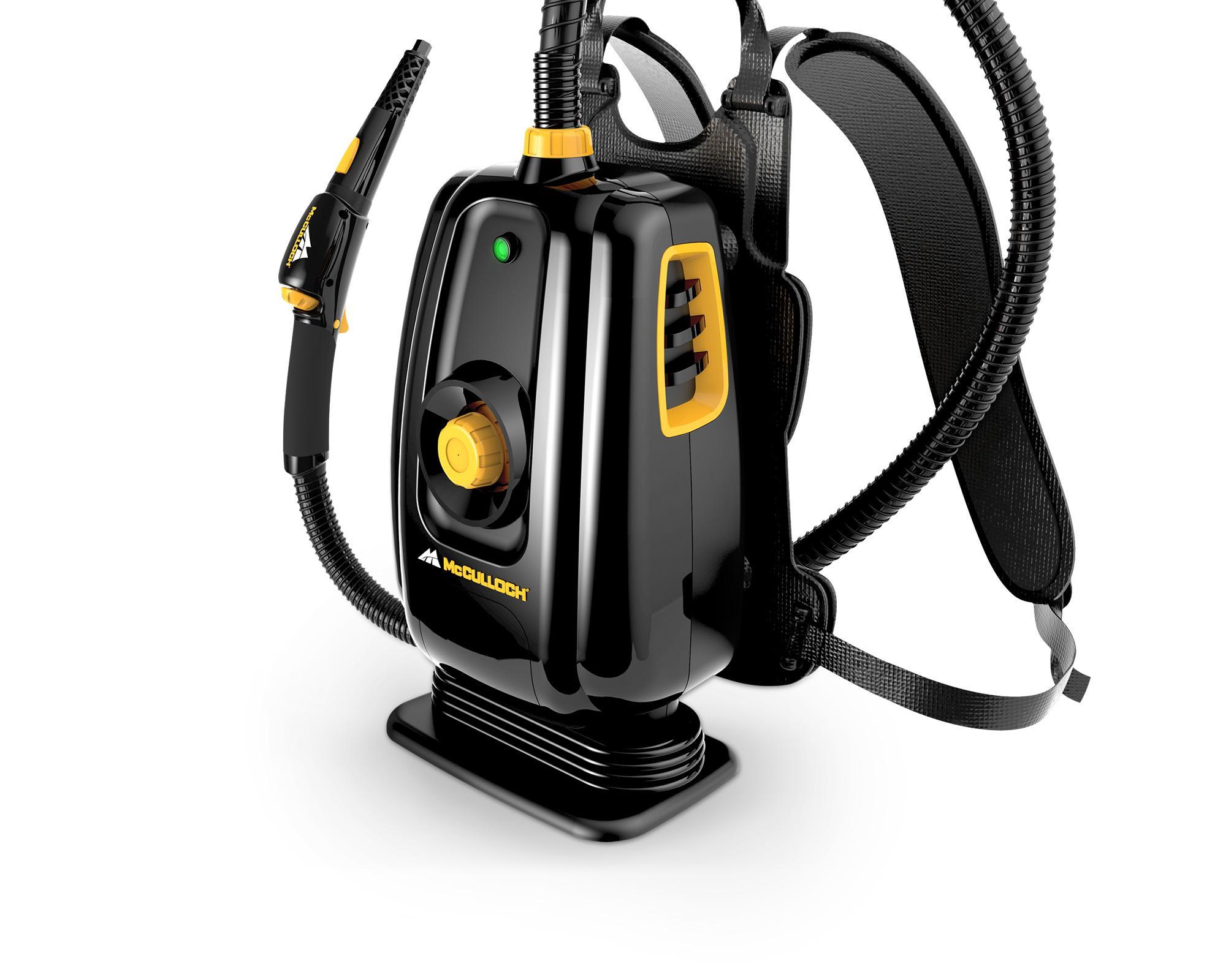 MC1350 Portable Power Steam Cleaner with back straps, front facing product black and yellow with heat indicator light and water tank cap, hose and nozzle attachment