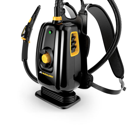 MC1350 Portable Power Steam Cleaner with back straps, front facing product black and yellow with heat indicator light and water tank cap, hose and nozzle attachment