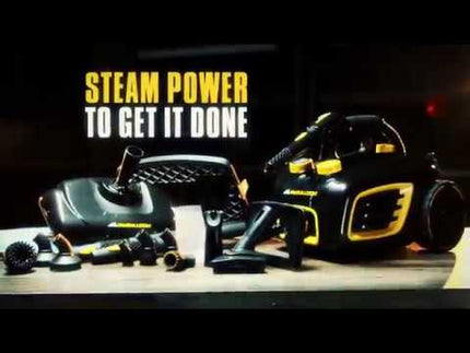 Video highlighting McCulloch MC1375 canister steam cleaner being used around home and showing effective steam power and results