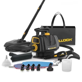 Accessories for McCulloch's MC1270 Portable Power Steam cleaner. This includes a tote, several brushes, a fill cup, a funnel, a squeegee, a shoulder strap, a mop extension and mop pads