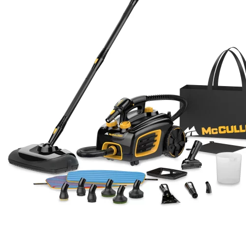 Accessories for McCulloch's MC1375 Canister Steam Cleaner. This includes a mop extension and mop pads, a tote bag, a measuring cup, a mesh net, a scraper, a squeegee, and several brushes.