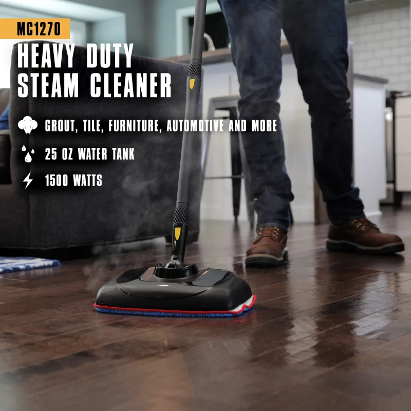 Lifestyle image of a MC1270 heavy duty Steam cleaner cleaning a wood floor with its mop. There is white text and supporting white icons that says: Grout, tile, furniture, Automotive and more, 25 oz water tank, 1500 Watts