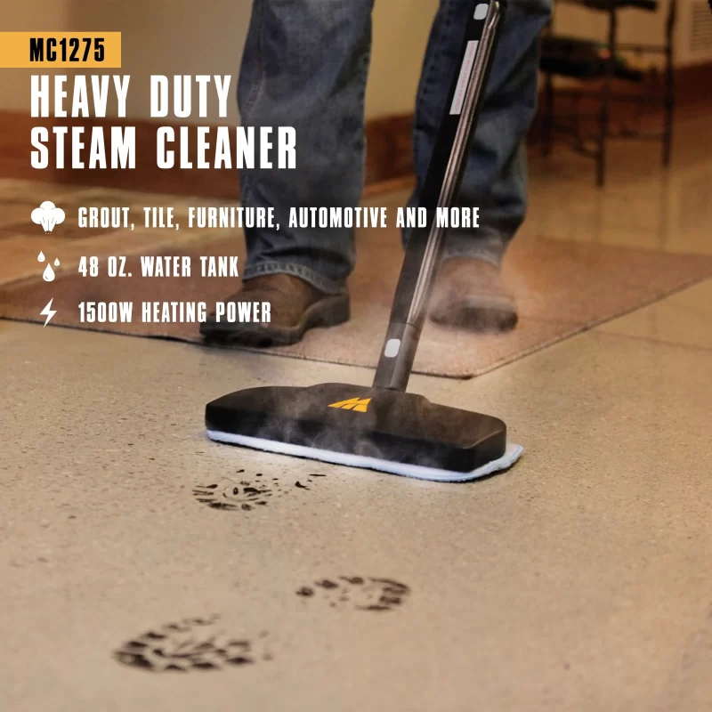 Lifestyle image of a MC1275 canister Steam cleaner cleaning a floor with its mop. There is white text and supporting white icons that says: Grout, tile, furniture, Automotive and more, 48 oz water tank, 1500 heating power.