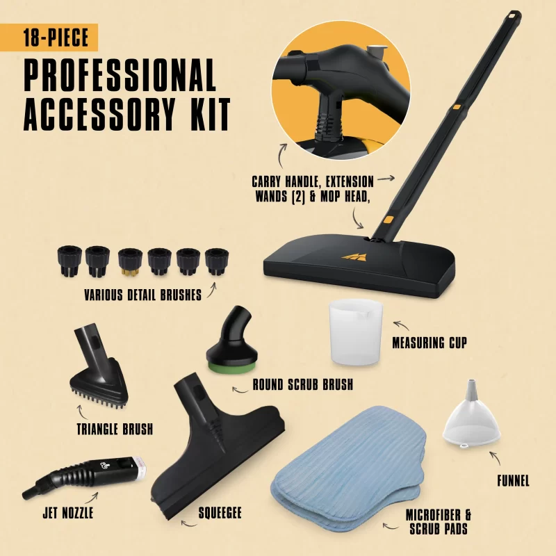 Graphic image of MC1275 canister Steam cleaner's 18-piece professional accessory kit. This image shows a carry handle, 2 extension wands and mop head, various detail brushes, a measuring cup, a round scrub brush, a triangle brush, a jet nozzle, a squeegee, a funnel, and microfiber and scrub pads.