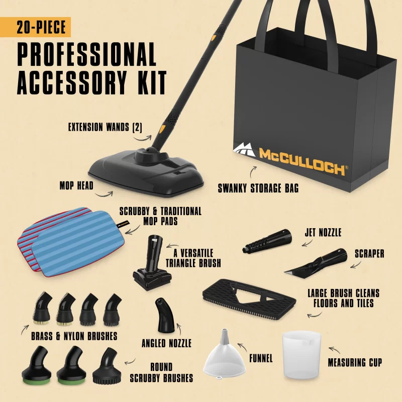 Graphic image of MC1375 Canister Steam cleaner's 20-piece professional accessory kit. This image shows a swanky McCulloch storage bag, 2 extension wands and mop head, scrubby and traditional mop pads, a triangle brush, a jet nozzle, a scraper, brass and nylon brushes, round scrubby brushes, a funnel, a measuring cup, an angled nozzle and a large brush for floor and tiles.