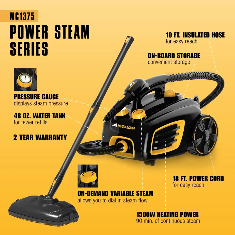 MC1375 Canister Steam cleaner from McCulloch's power steam series. It is on an orange background with the following black text: 10 ft. insulated hose for easy reach. Pressure Gauge displays steam pressure. On-Demand Variable Steam allows you to dial in steam flow. 48 oz. Water Tank for fewer refills. On-board storage for convenient storage. 1500W Heating: 90min of continuous steam. 18ft Power cord for easy reach. 2 Year Warranty.