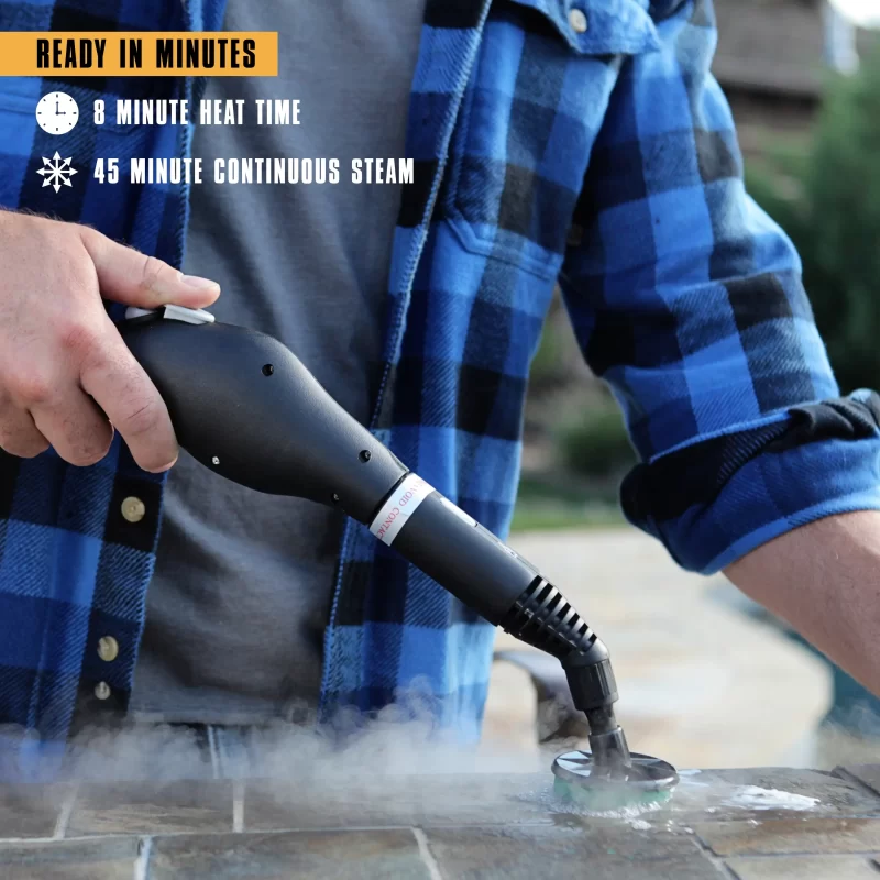 Lifestyle image of a MC1275 canister Steam cleaner cleaning tile outside. There is white text and supporting white icons that says: 8 minute heat time, 45 minute continuous steam