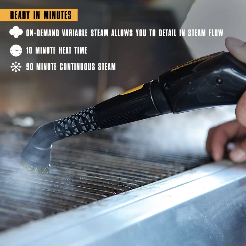 Lifestyle image of a MC1375 canister Steam cleaner cleaning a grill. There is white text and supporting white icons that says: On-demand variable steam allows you to detail in steam flow, 10 minute heat time, 90 minute continuous steam