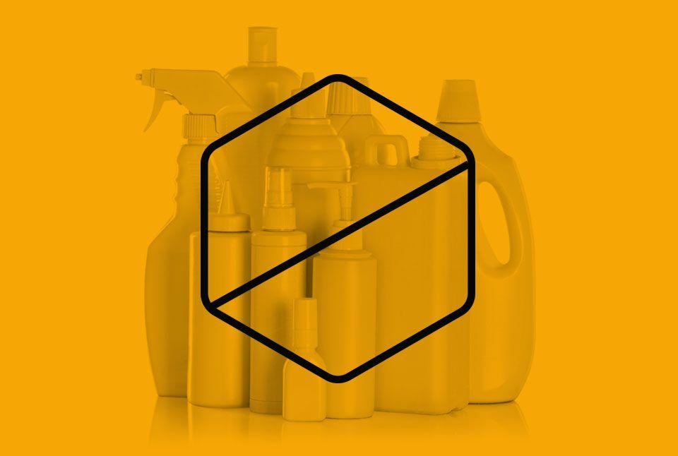 Line up of generic cleaning bottles. There is an orange overlay with a black honeycomb shape with a dash through it in the middle. This is to indicate that Poulan Pro products do not use harsh chemicals