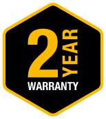 Orange and White Text icon that Says 2 Year Warranty in a black hexagon