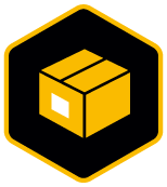 Shipping icon showing an orange shipping box in a black hexagon